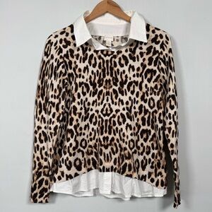 Chico's Twofer Animal Print Knit Sweater,  White Collared Shirt, Size 12/14